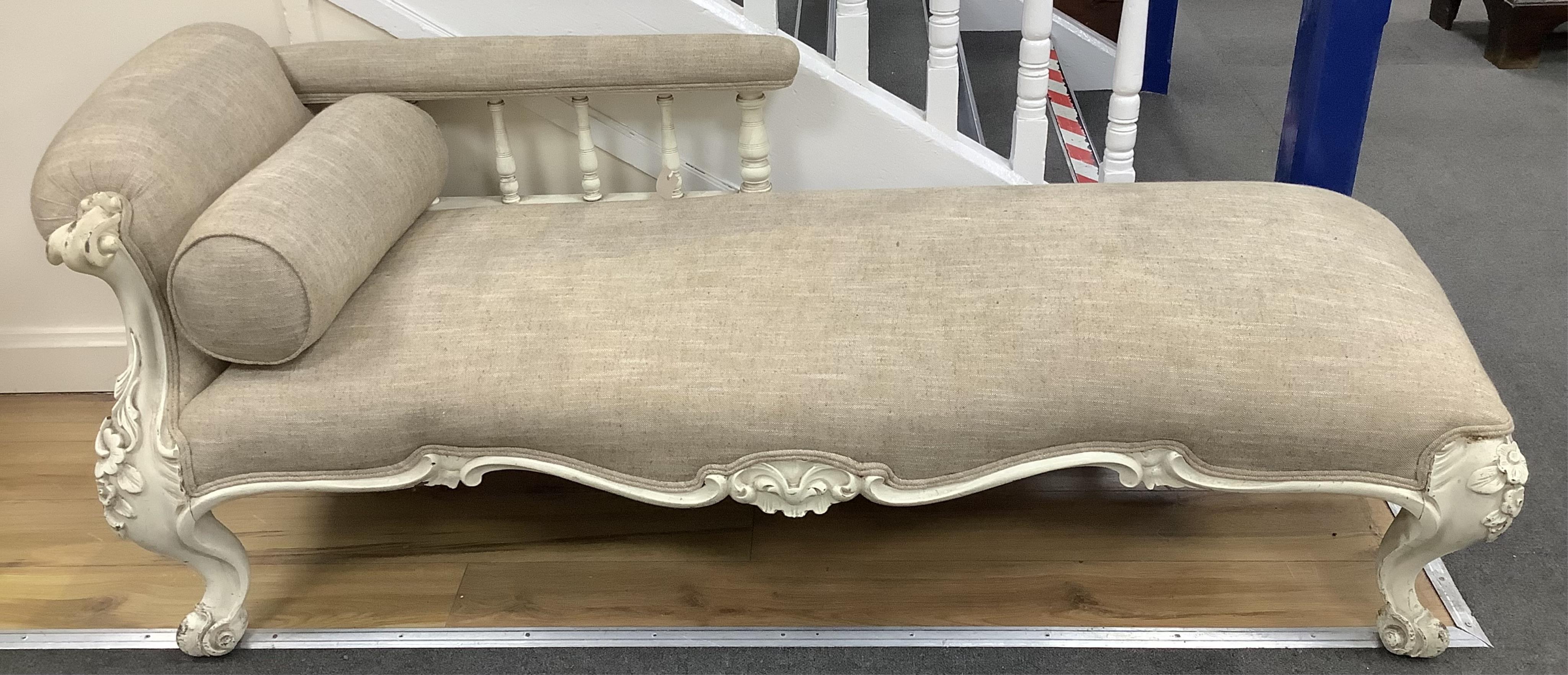 A Victorian upholstered chaise longue, later painted, length 176cm, depth 66cm, height 66cm. Condition - fair to good